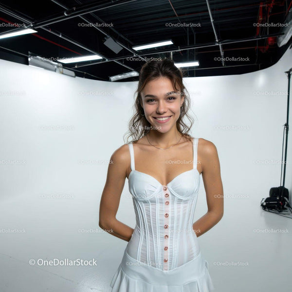 Young Woman Smiling in White Corset in Studio Photography