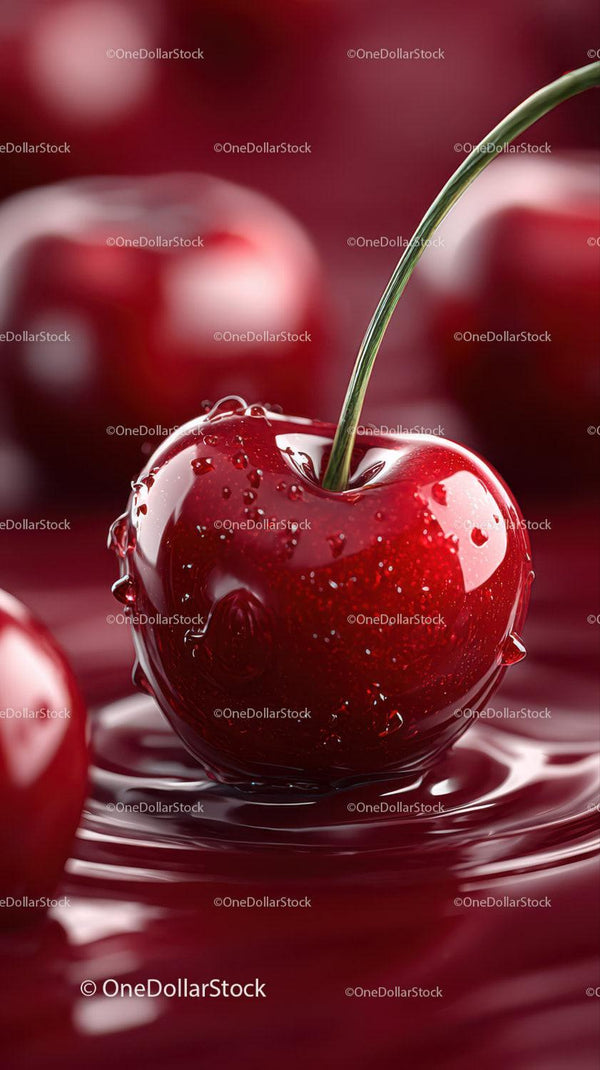 Close-Up of Juicy Ripe Cherry with Water Droplets in Vibrant Red