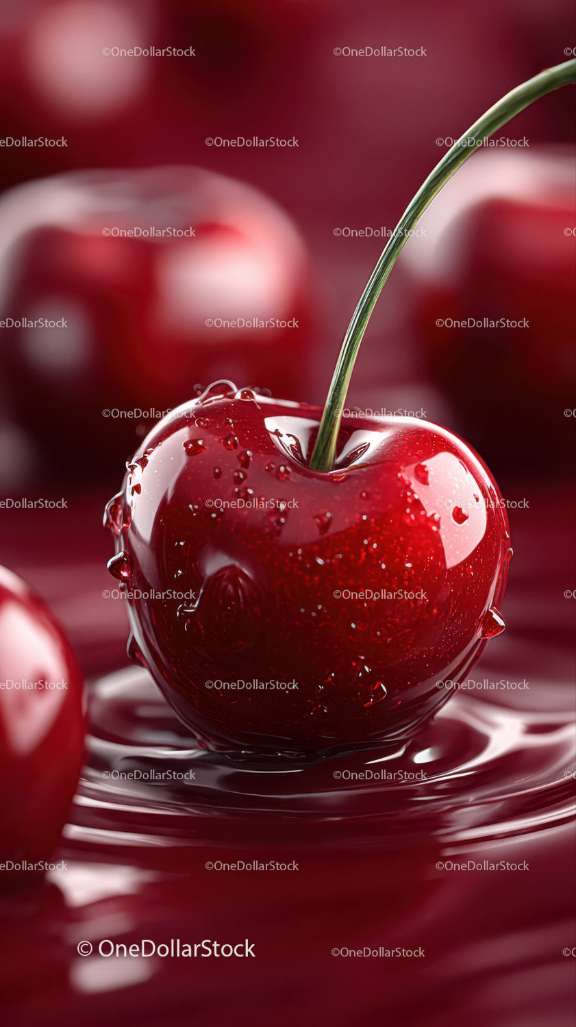 Close-Up of Juicy Ripe Cherry with Water Droplets in Vibrant Red