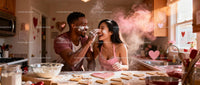 Couple having fun baking heart shaped cookies together