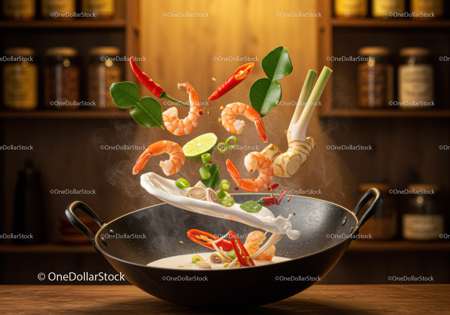 Fresh ingredients flying into wok for spicy shrimp dish
