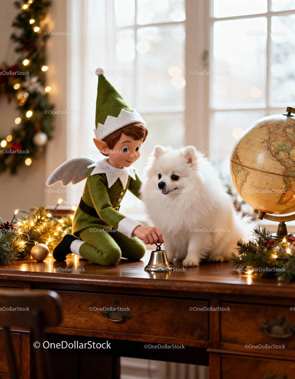 Christmas elf doll playing with white fluffy dog indoors