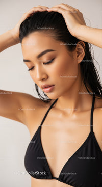 Elegant Woman with Smooth Skin in Black Swimsuit for Beauty and Wellness