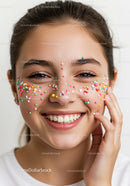 Young Woman with Colorful Sprinkles on Face in Joyful Celebration