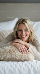 Smiling woman relaxing on bed with cozy pillow