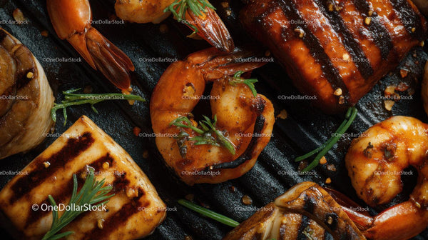 Gourmet Grilled Seafood Platter with Shrimp Lobster and Fish Steaks
