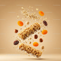 Crunchy granola bars with nuts and dried fruits flying