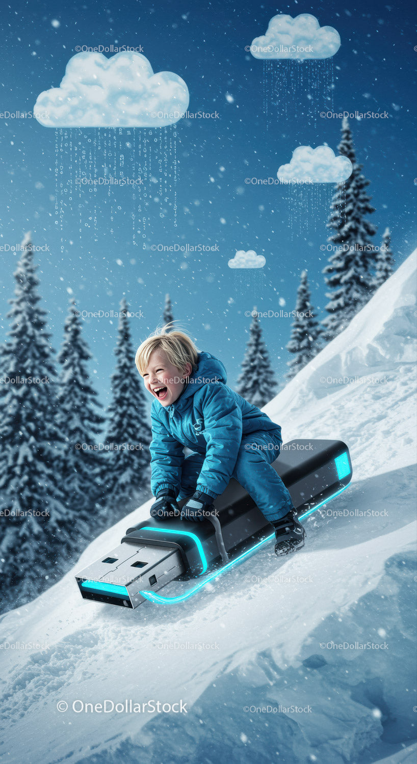 Joyful Child Sledding Downhill on Giant USB Drive