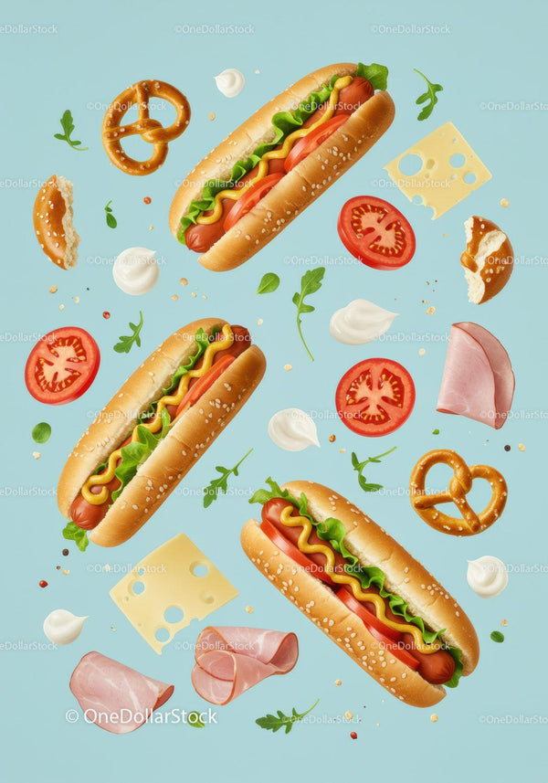 Fresh hot dogs with pretzels and ingredients on blue