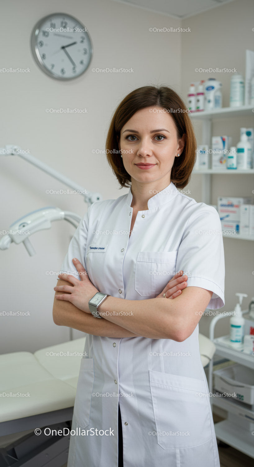 Pracownica służby zdrowia pewnie stojąca w klinice medycznej