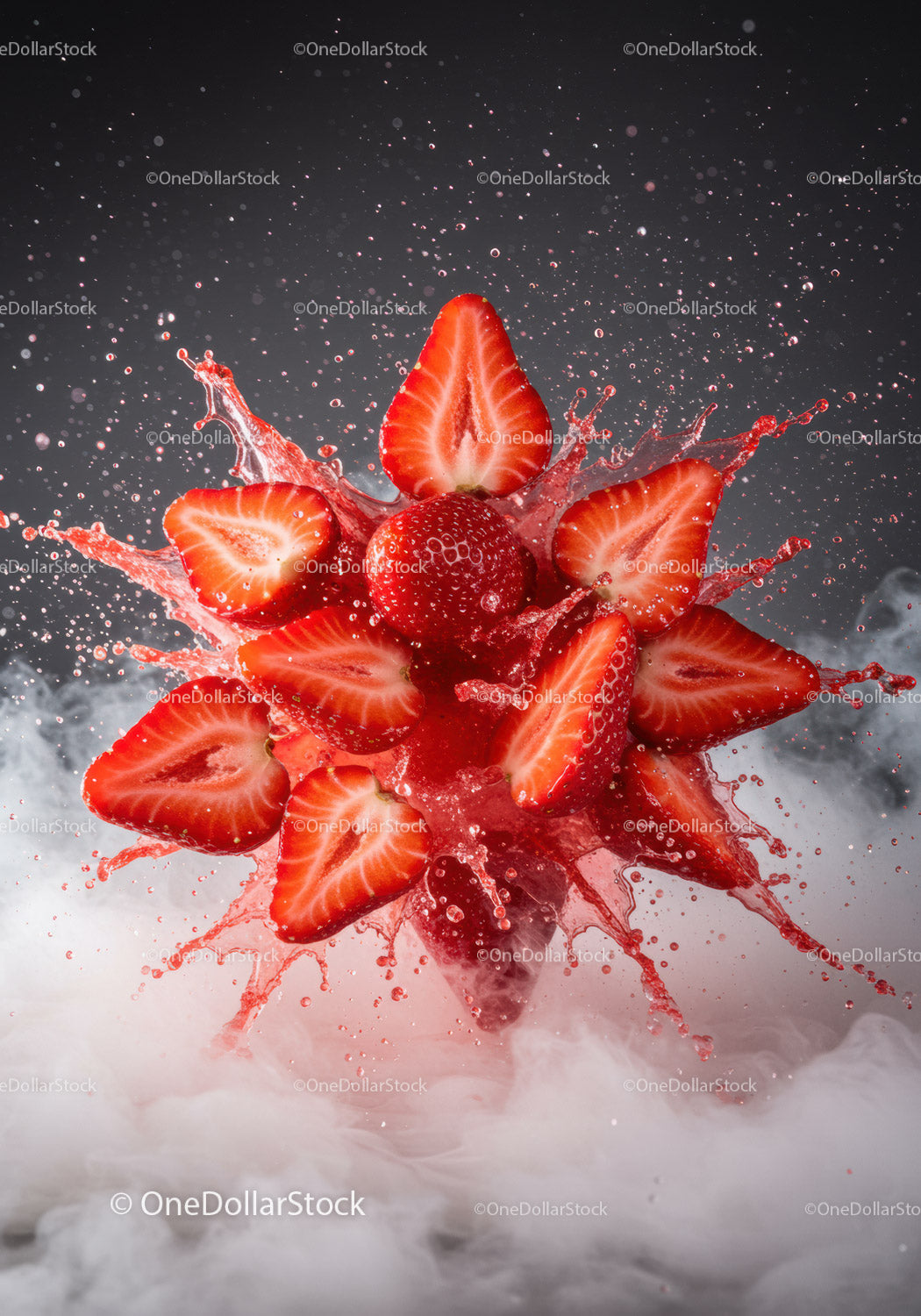 Fresh strawberries bursting with vibrant juice splash