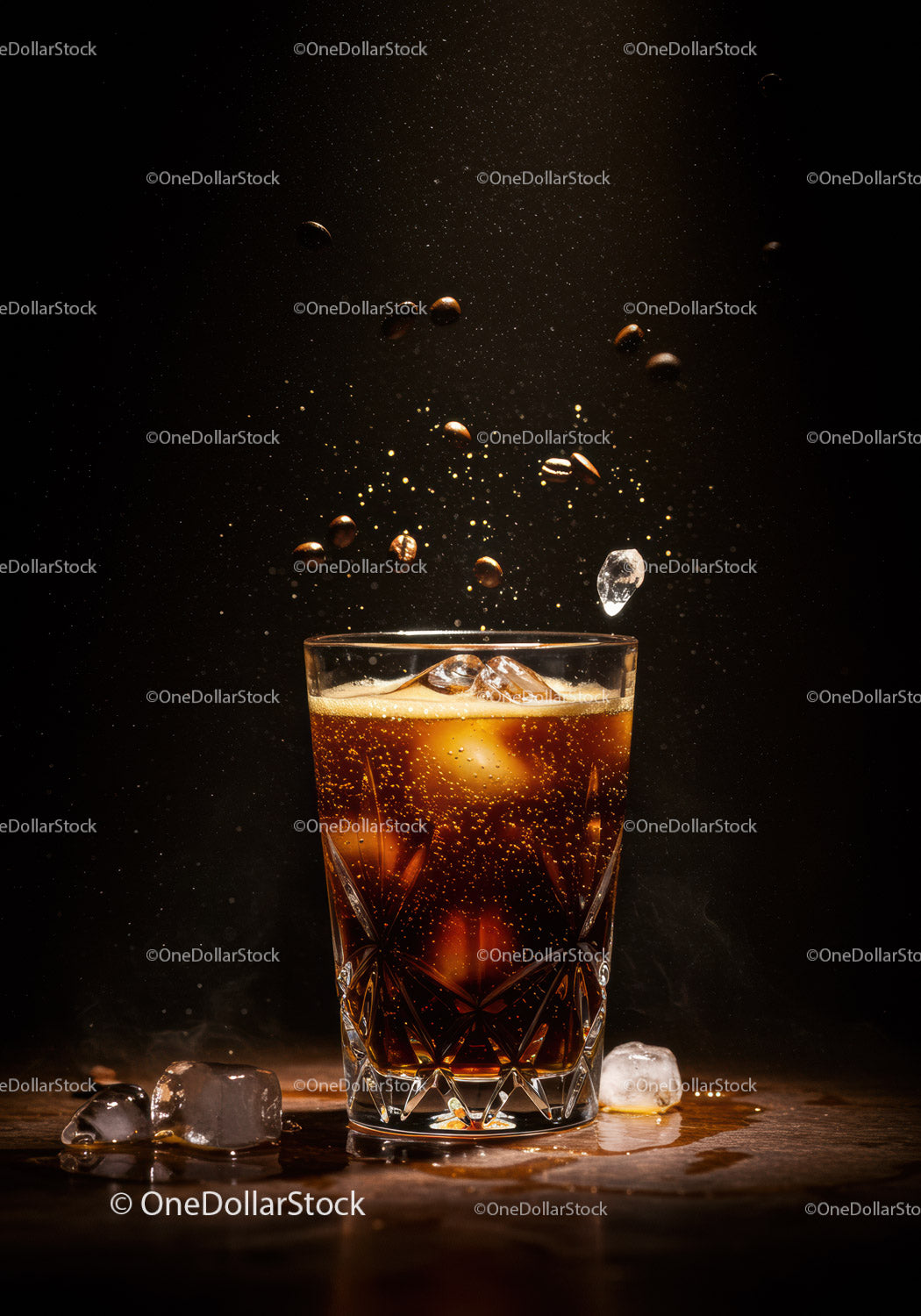 Iced coffee with coffee beans and ice cubes on dark background