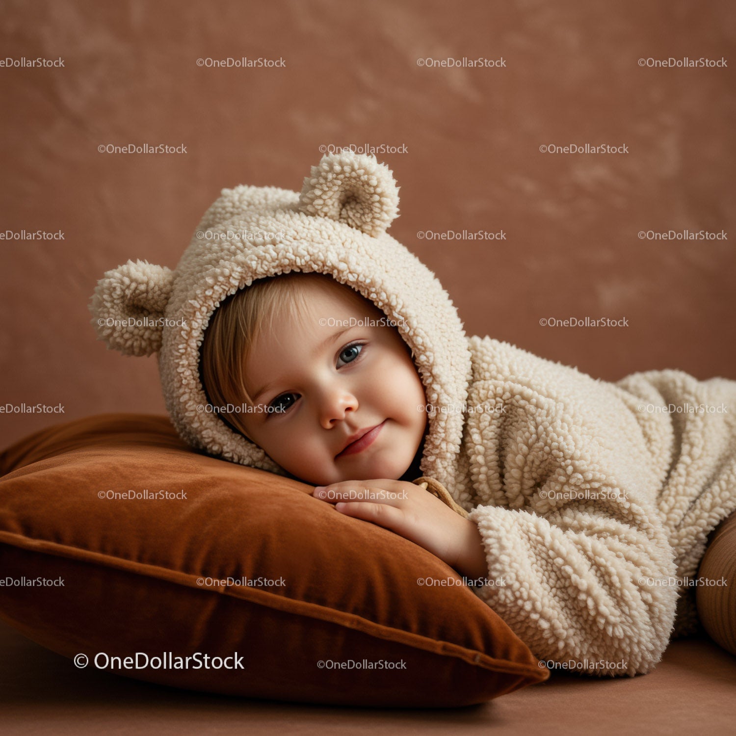 Toddler in Cozy Bear Outfit Resting on Velvet Pillow