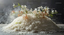 White Rice Heap with Flowers and Smoke in a Rustic Kitchen Setting