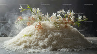 White Rice Heap with Flowers and Smoke in a Rustic Kitchen Setting