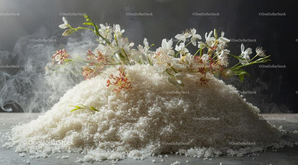 White Rice Heap with Flowers and Smoke in a Rustic Kitchen Setting