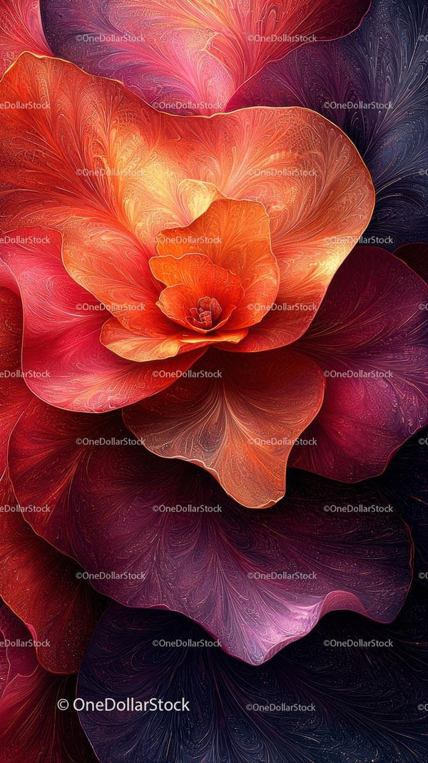 Abstract Digital Artwork of Glowing Orange and Purple Floral Pattern