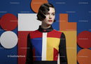 Woman in Geometric Colorblock Dress with Retro Hairstyle