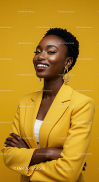 Confident Black Woman in Yellow Blazer with Gold Jewelry Portrait