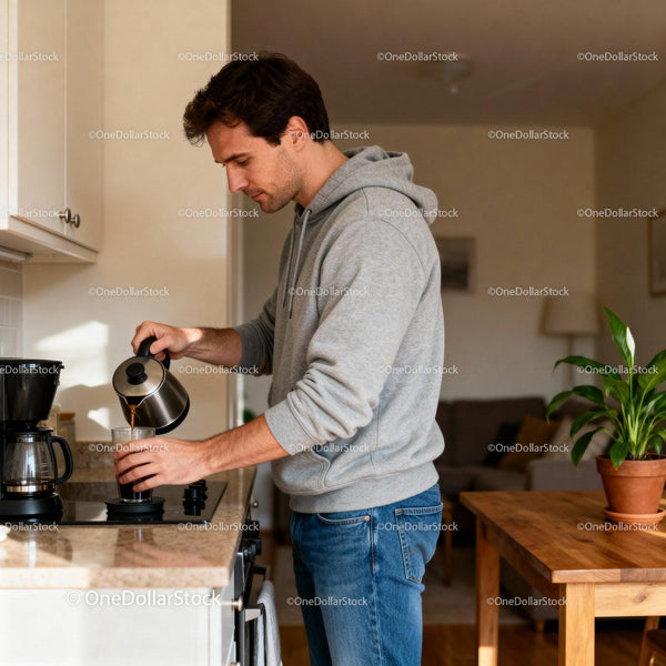 Man pouring fresh coffee in a cozy kitchen