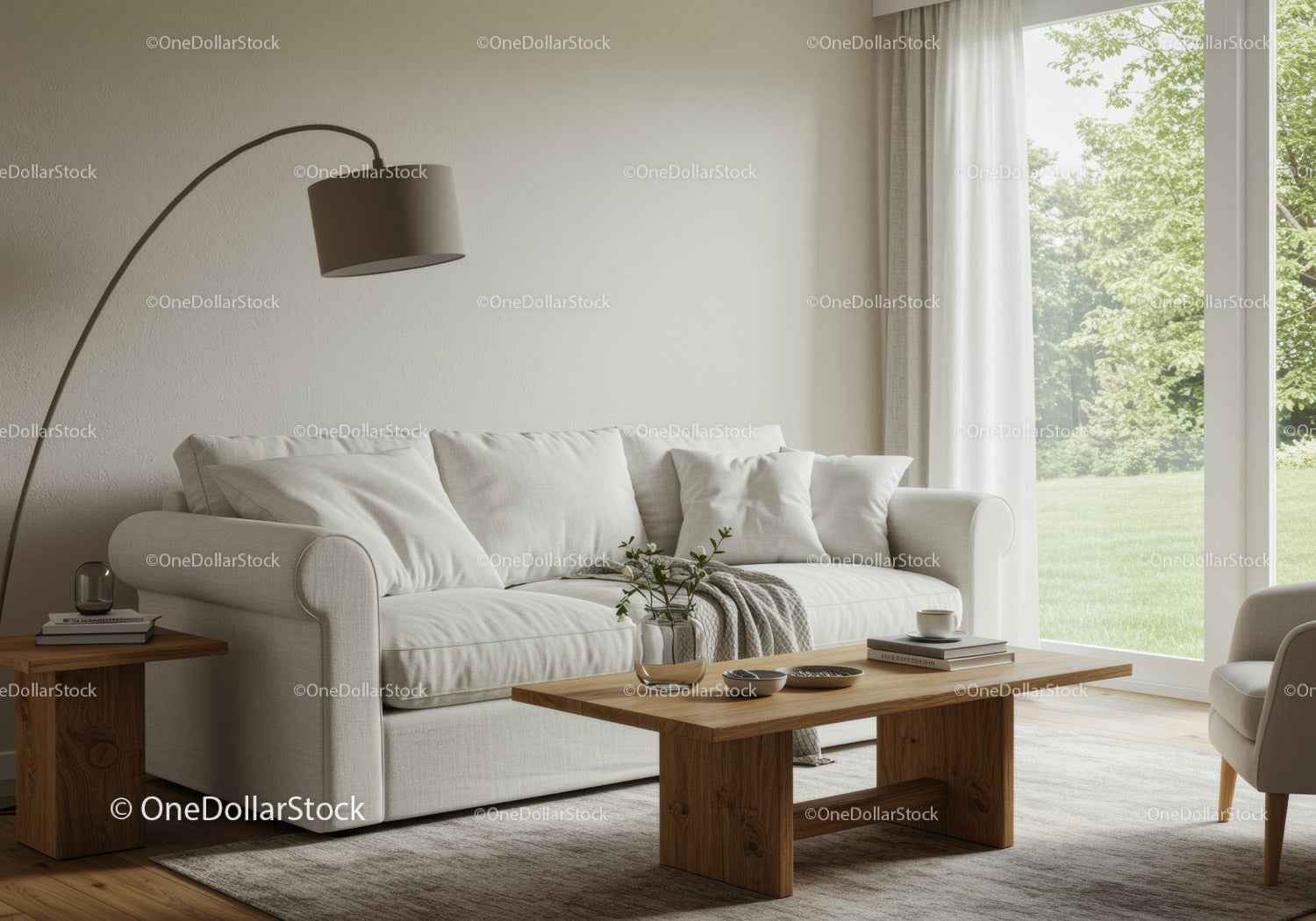 Minimalistyczny salon z miękką sofą i naturalnym światłem