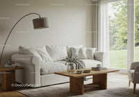 Minimalist living room with soft sofa and natural light