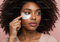 Beautiful woman applying under-eye cream with skincare products