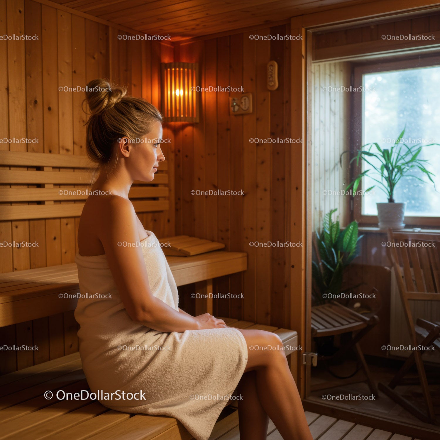 Female Relaxing in Sauna Room with Wooden Interior and Natural Light
