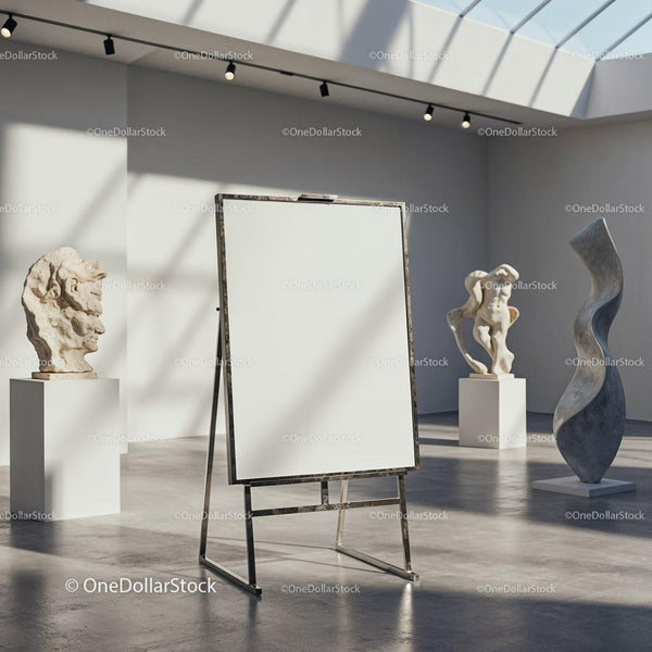 Blank Canvas in Modern Art Gallery with Sculptures JPG Mockup Image