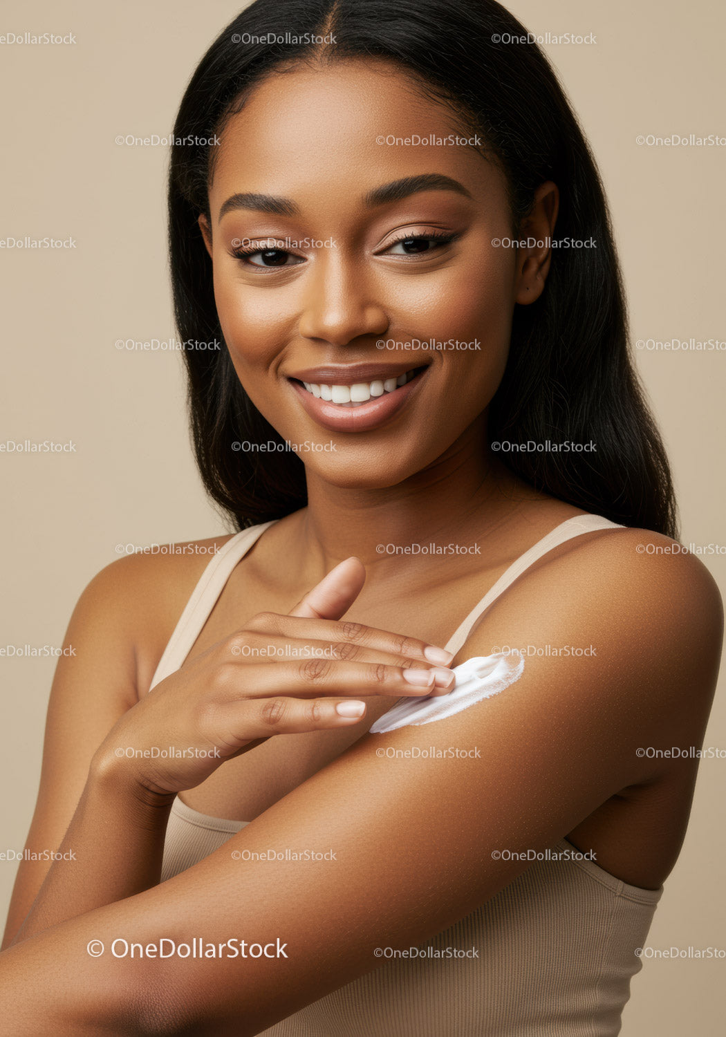 Young Smiling Woman Applying Sunscreen on Shoulder for Healthy Skin