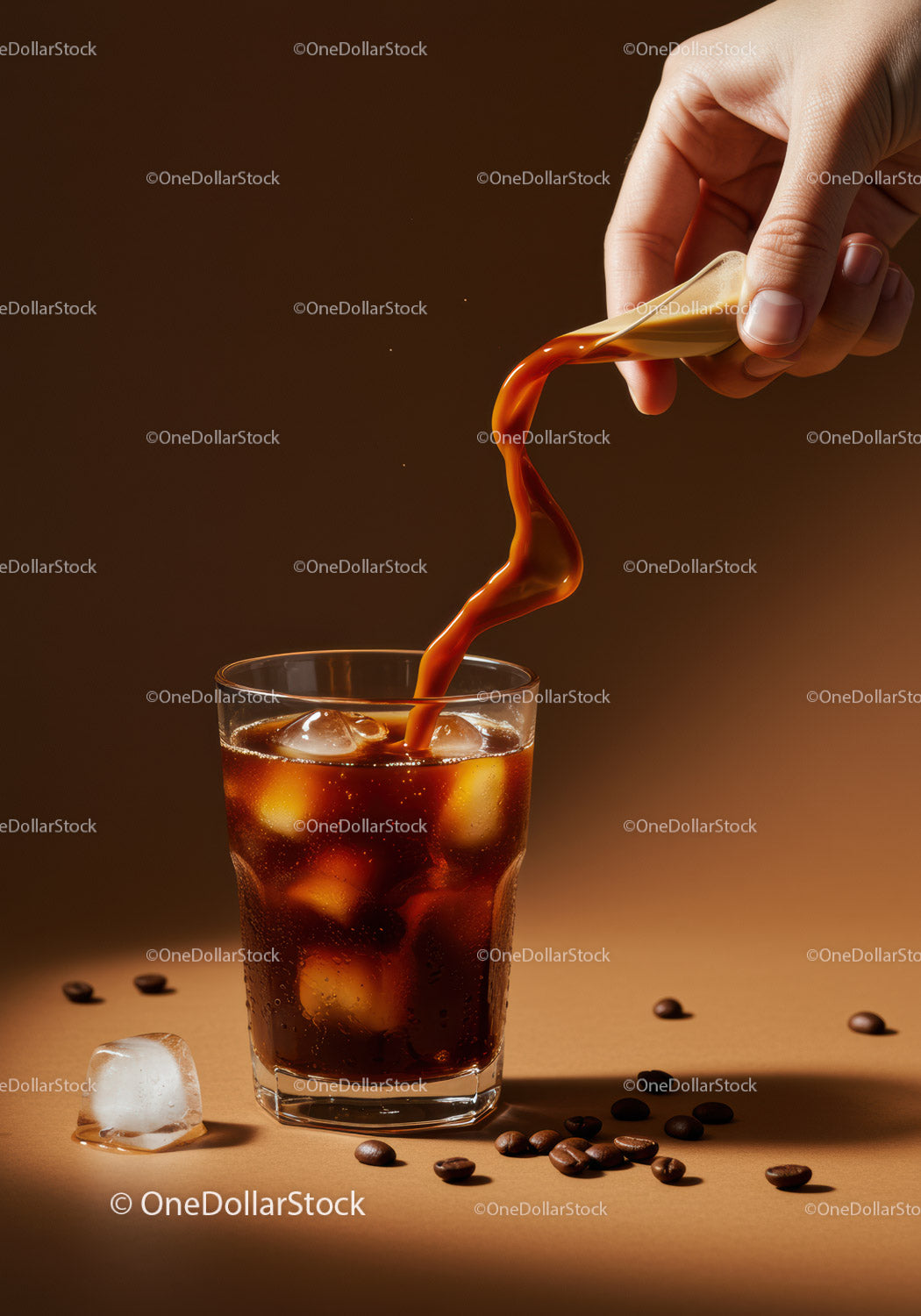 Hand pouring creamy milk into iced coffee glass