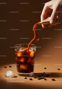 Hand pouring creamy milk into iced coffee glass