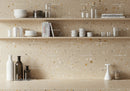 Beige terrazzo kitchen backsplash with stylish organized shelves for modern homes