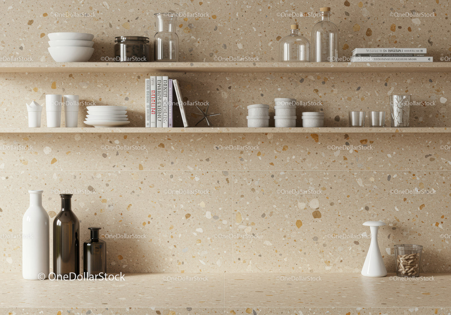 Beige terrazzo kitchen backsplash with stylish organized shelves for modern homes