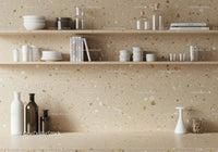 Beige terrazzo kitchen backsplash with stylish organized shelves for modern homes
