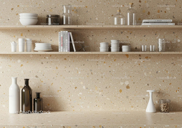Beżowy backsplash z terazzo i stylowe, zorganizowane półki do nowoczesnych domów