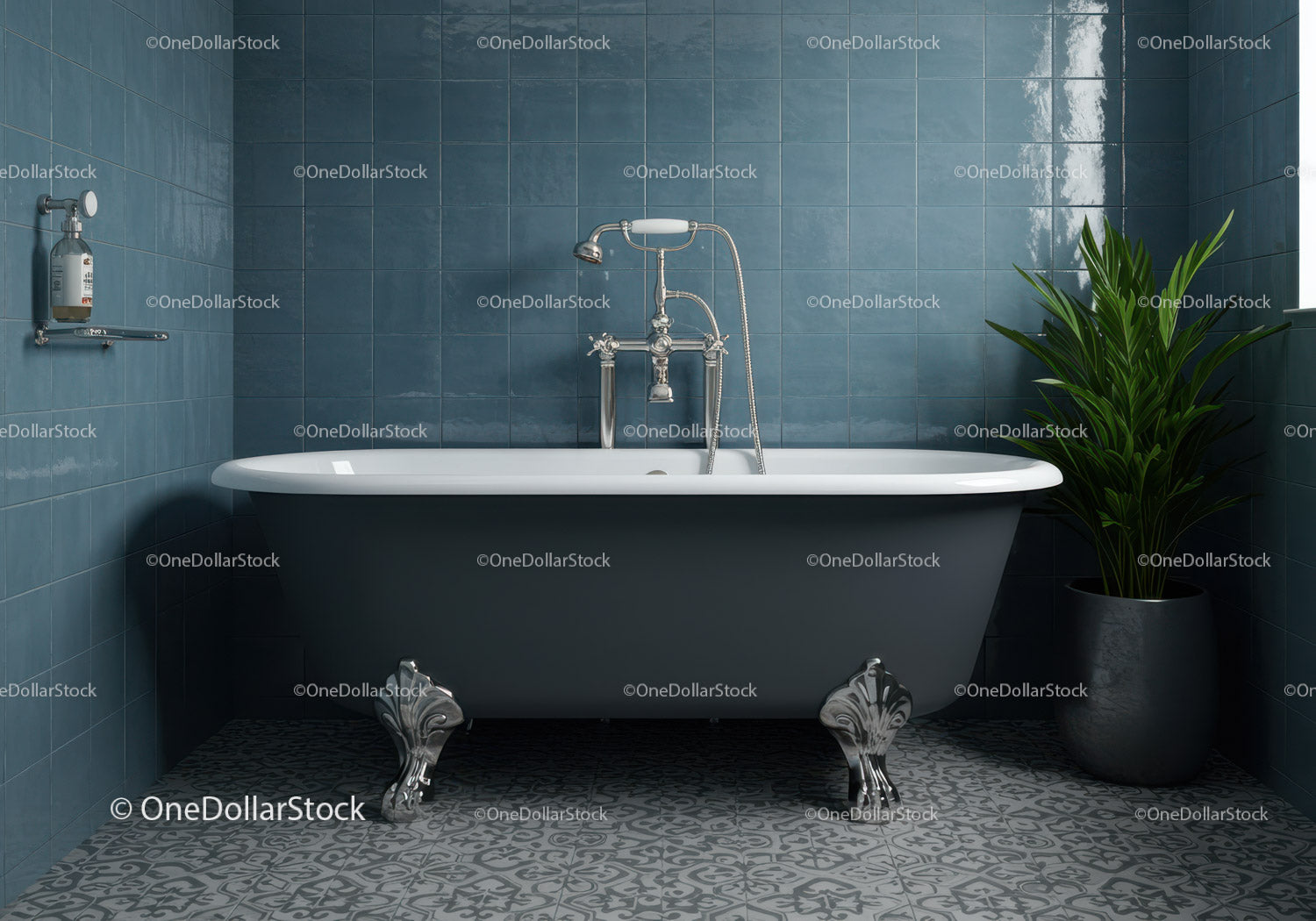 Classic freestanding bathtub in blue tiled modern bathroom