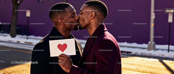 Loving couple sharing a kiss with heart card outdoors