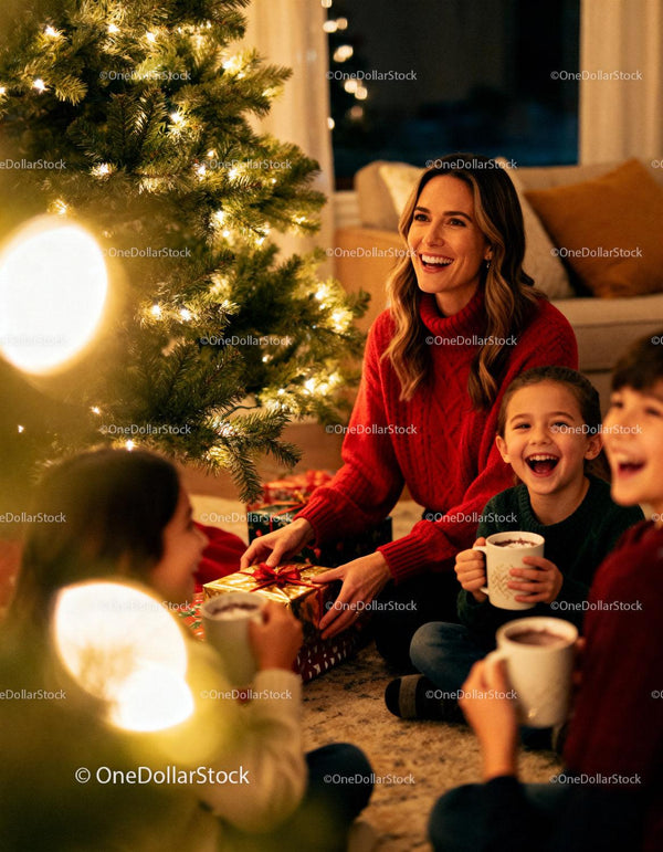 Happy family enjoying Christmas gifts by tree