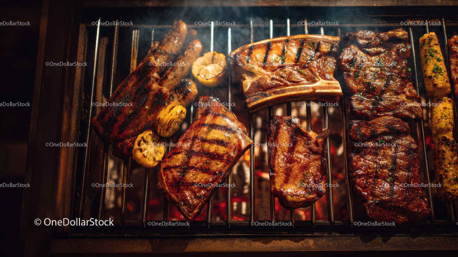 Assorted Meat Ribs and Skewers Grilling on Barbecue Grill