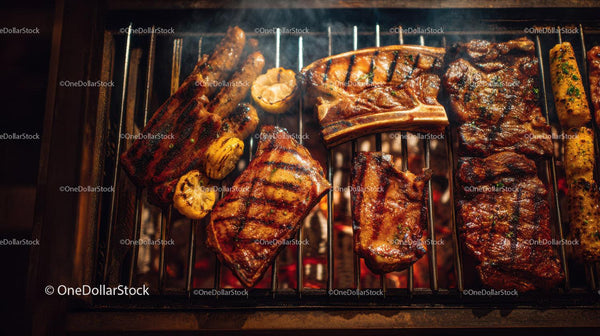 Assorted Meat Ribs and Skewers Grilling on Barbecue Grill