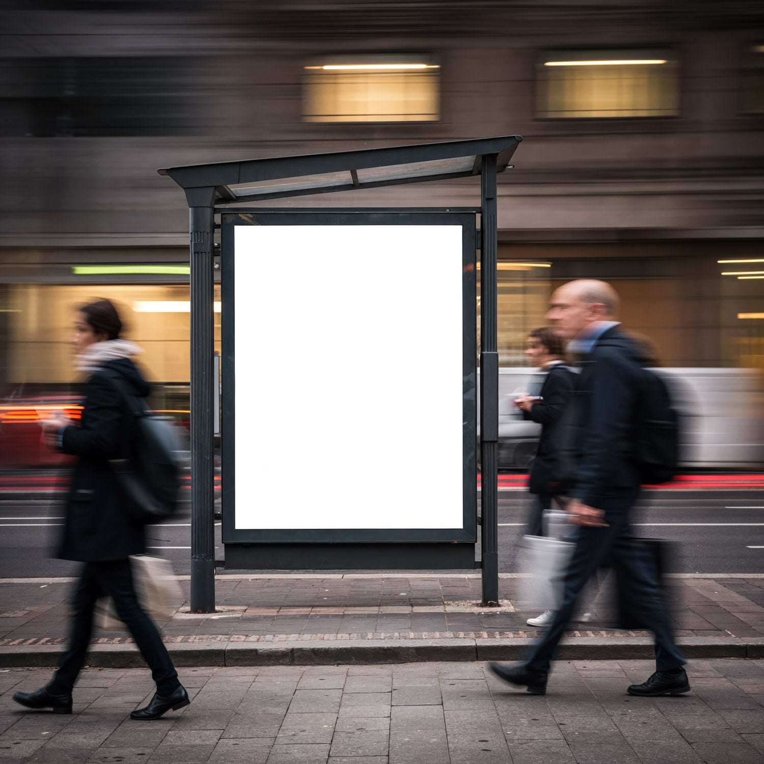 Blank urban bus stop advertising board with pedestrians