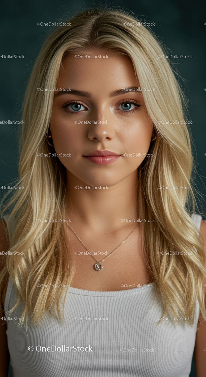 Young blonde woman with blue eyes in casual white top