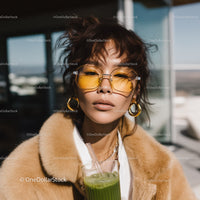 Fashionable Woman with Yellow Sunglasses and Green Smoothie on Rooftop