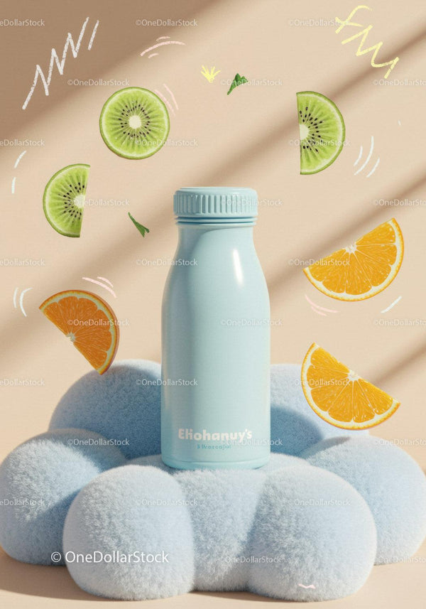 Blue bottle on soft cloud with fresh fruit slices