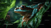Close-up of a Green Frogs on Tropical Jungle Leaves