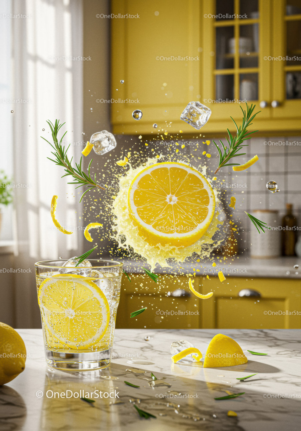 Refreshing Lemon Splash with Ice and Rosemary