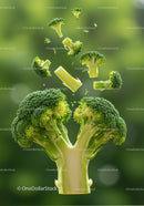 Fresh broccoli florets suspended in mid air close up