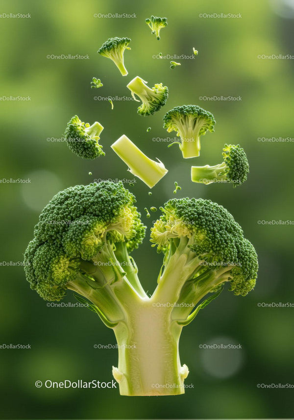 Fresh broccoli florets suspended in mid air close up