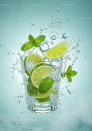Refreshing lime and mint drink with ice in glass